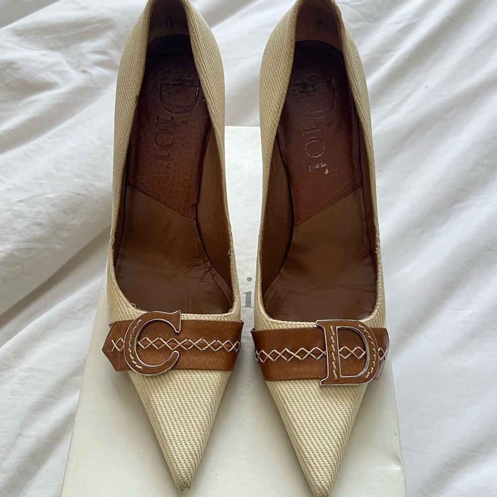 Christian Dior Canvas Pumps with Leather Details.